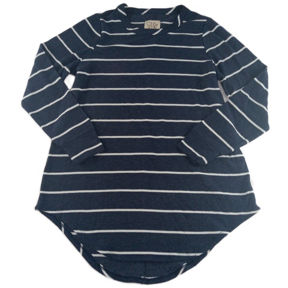 Chaser Women's Curved Hem Long Sleeve Tee Size Medium Navy White Striped